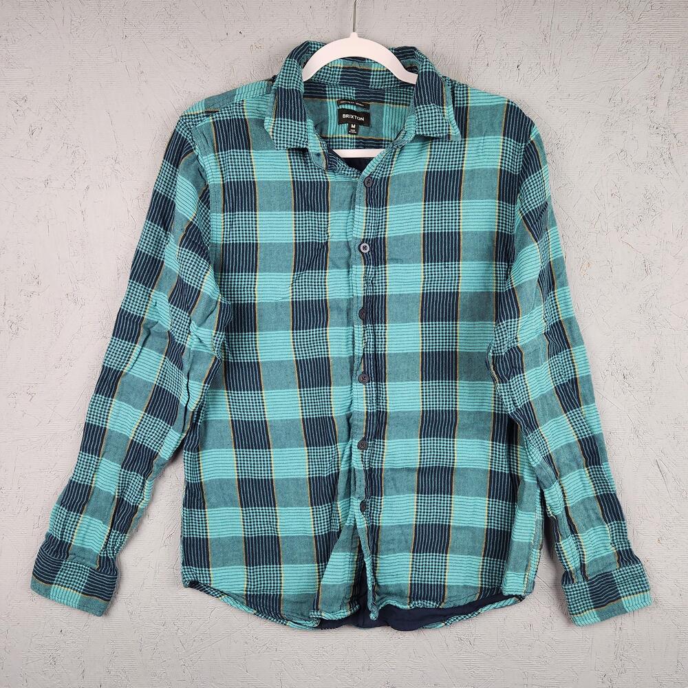 Brixton Bowery Flannel Mens Medium Blue Green Plaid Button Down Preppy Outdoors